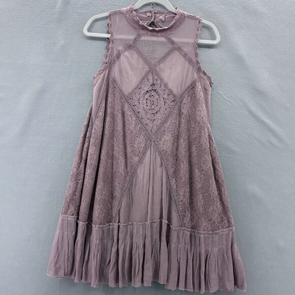 Free People ONE Angel Lace Dress Elderberry Gauzey Raw Hem Sz Small Boho, Fairy